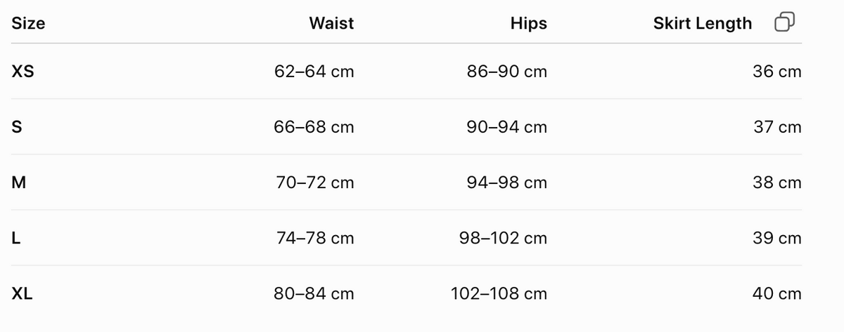 Product size guide